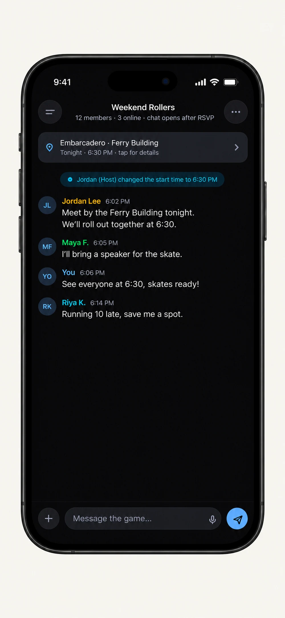 Group chat showing the activity details and participant messages