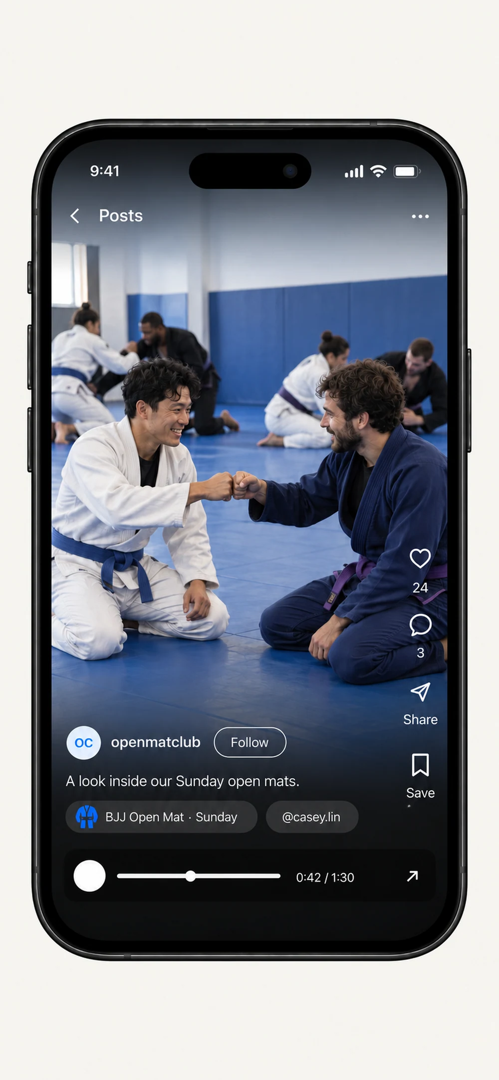 A full Splynk activity post with sharing and follow options