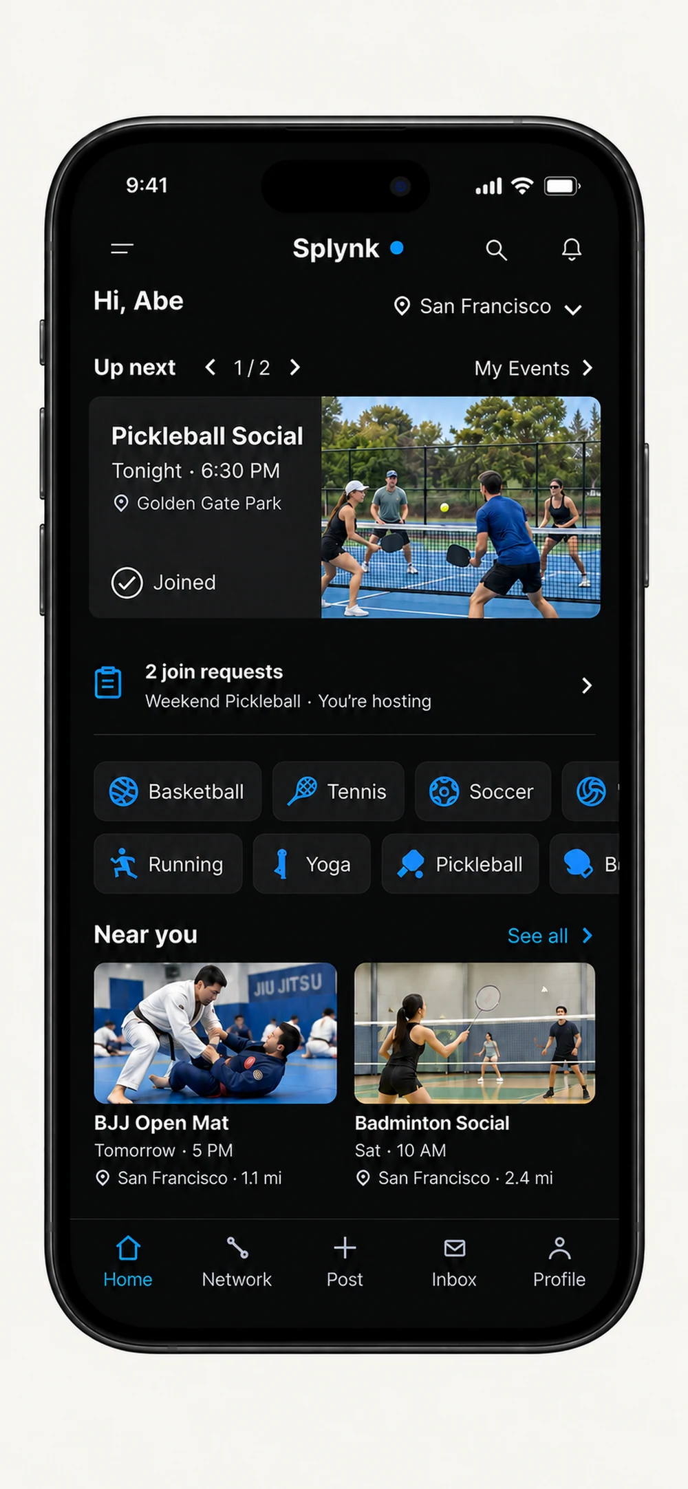 Splynk home with upcoming events, nearby activities, and categories