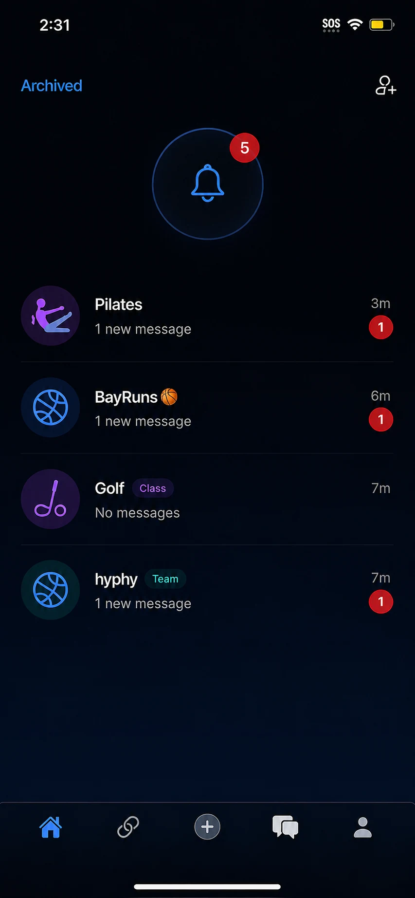 Activity inbox with Pilates and BayRuns messages