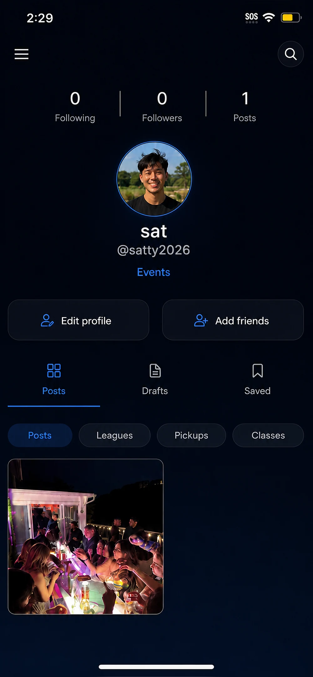 A member profile with a photo, username, and events link