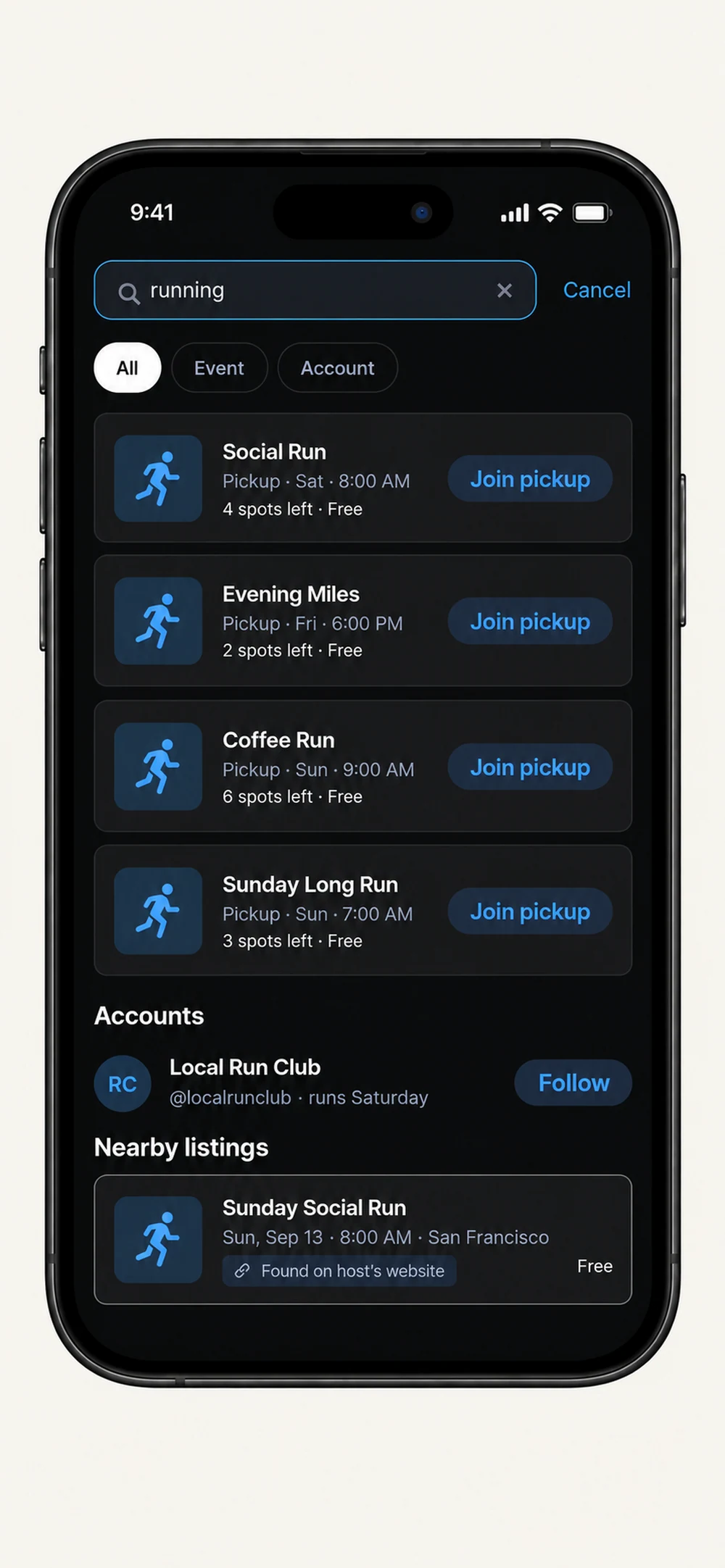 Activity search with two example results
