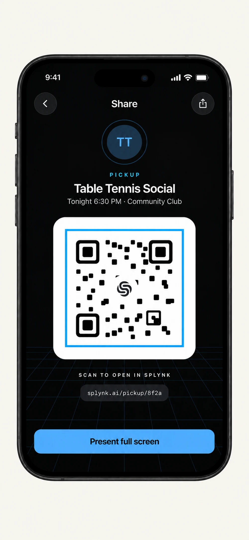 An event invitation with its title and QR code